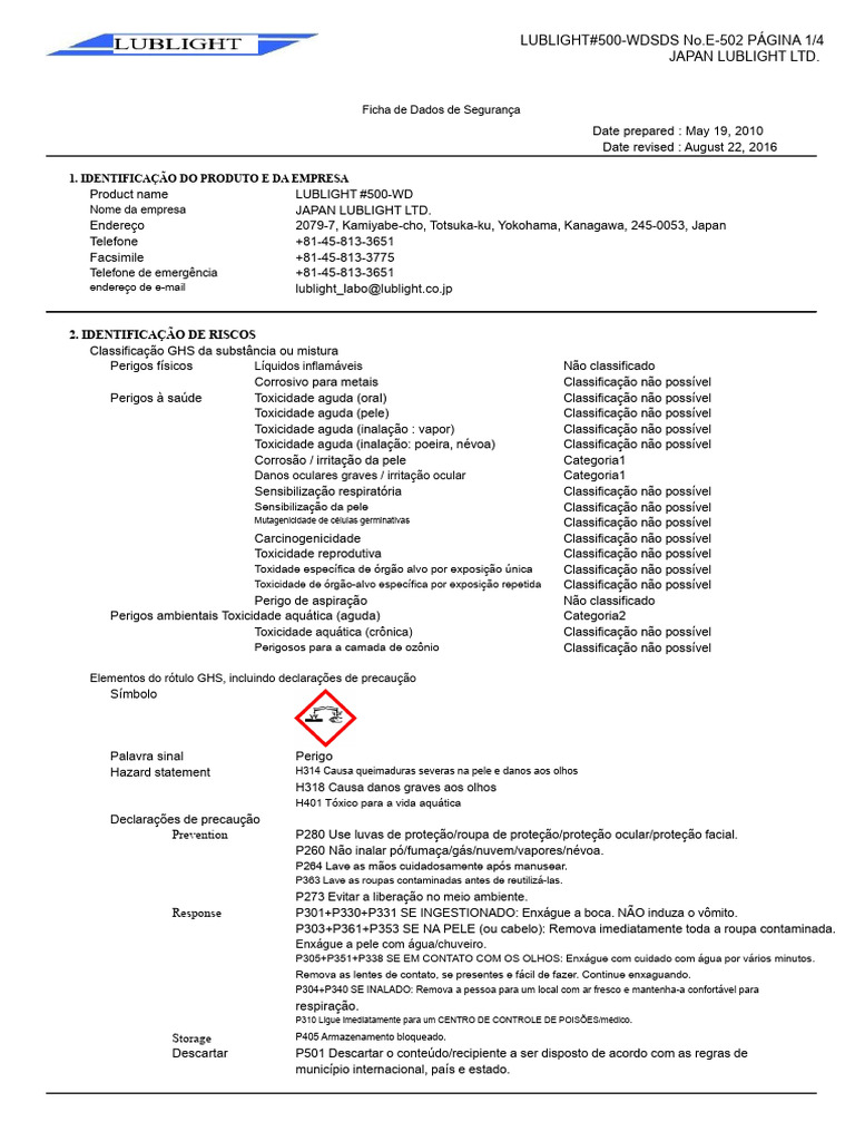 Ficha de Segurança LUBLIGHT #500-WD | PDF | Toxicidade