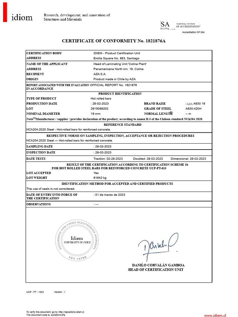 Certification Iron Fe 16 MM | PDF | Ductility | Ultimate Tensile Strength