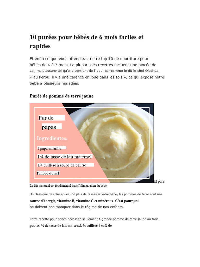 10 Purées Faciles pour Bébés de 6 Mois | PDF | Lentille cultivée | Lait