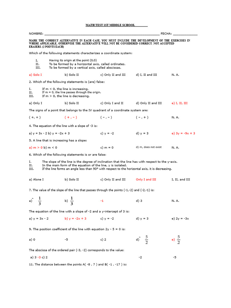 Middle School Math Test on Coordinate Systems | PDF | Cartesian ...