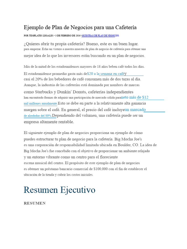 Ejemplo de Plan de Negocios para Una Cafetería | PDF | café | Marketing