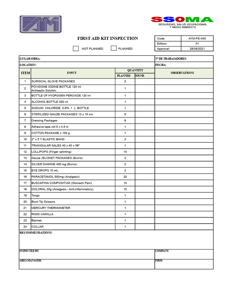 3 Format of Inspection For Fire Extinguishers and First Aid Kit | PDF