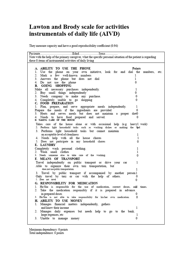 Lawton-Brody Scale for Daily Living Skills | PDF | Health Care