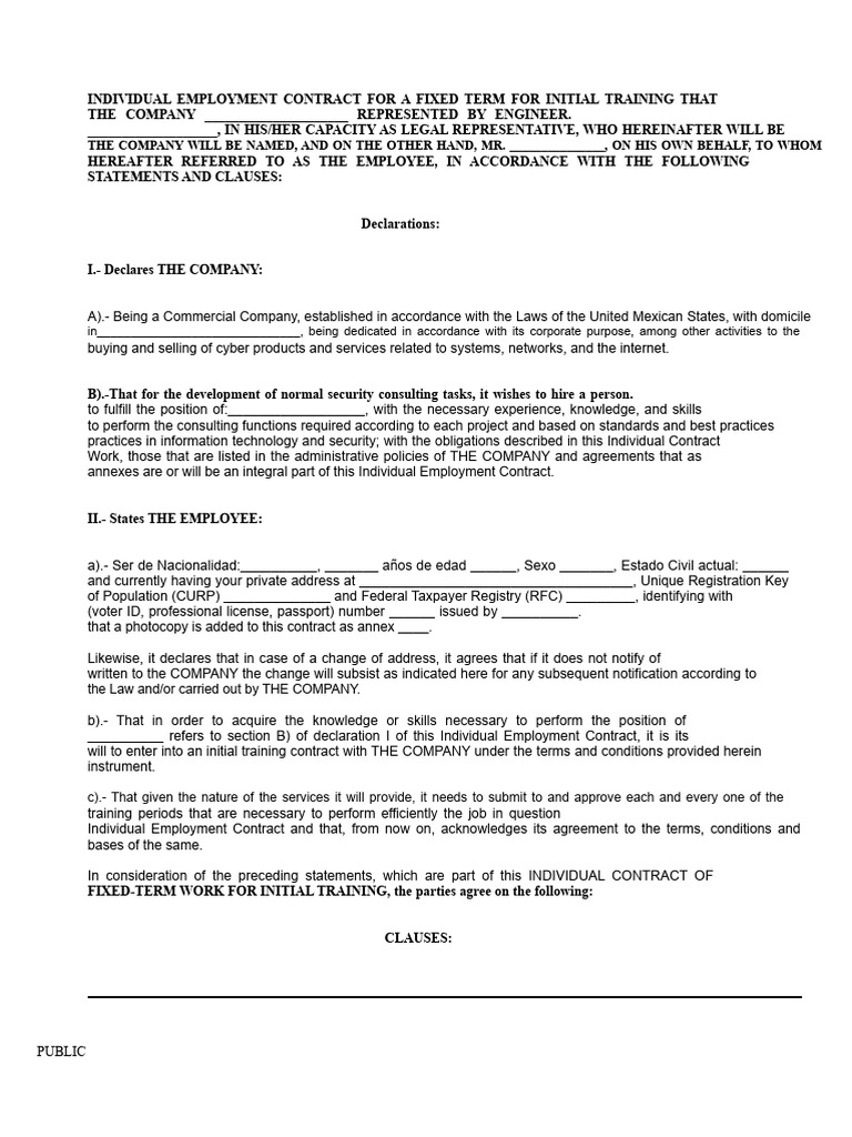 Model Individual Employment Contract For Fixed Term For Initial ...