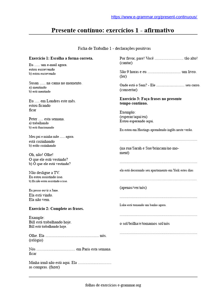 Exercícios de Presente Contínuo Afirmativo | PDF