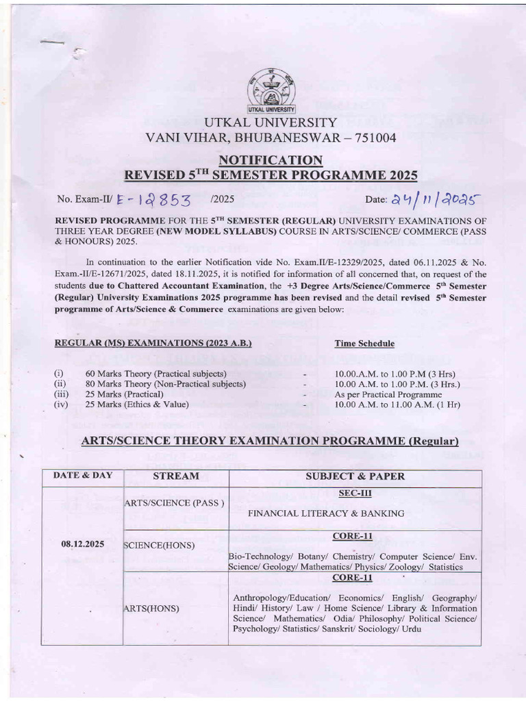 Utkal University 5th Semester Exam Schedule 2025 | PDF | Science ...