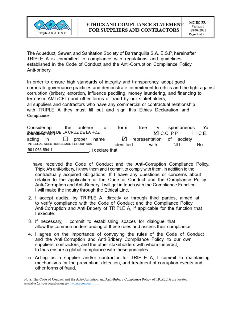 6.1. Ethical Statement and Compliance Suppliers and Contractors (101 ...