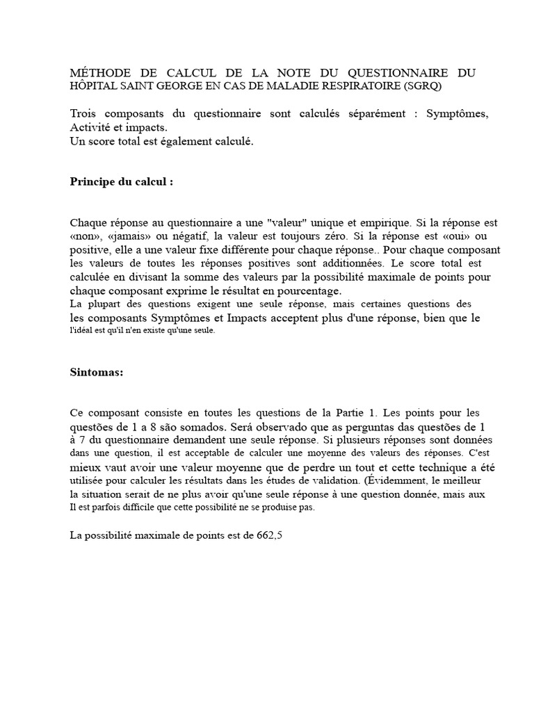 Calcul de la note SGRQ pour maladies respiratoires | PDF | Médecine ...
