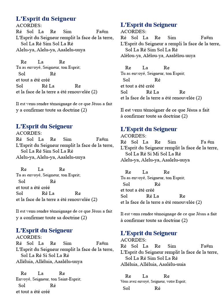 L'Esprit du Seigneur : Paroles et Accords | PDF
