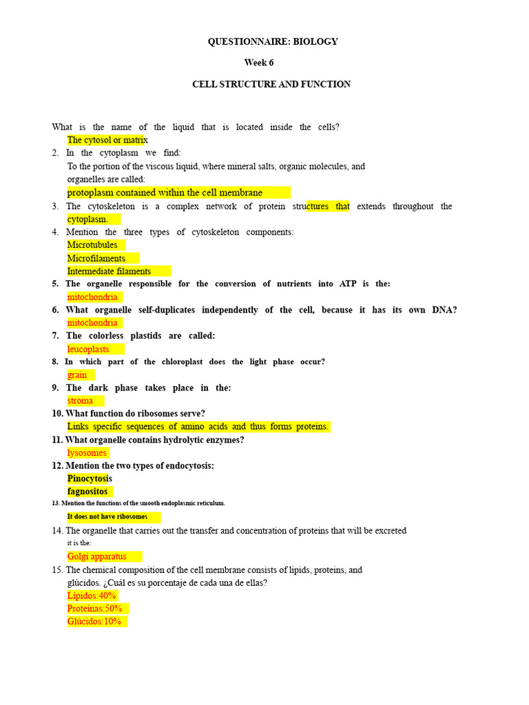 Questionnaire Week 6 - Cell Structure and Function | PDF