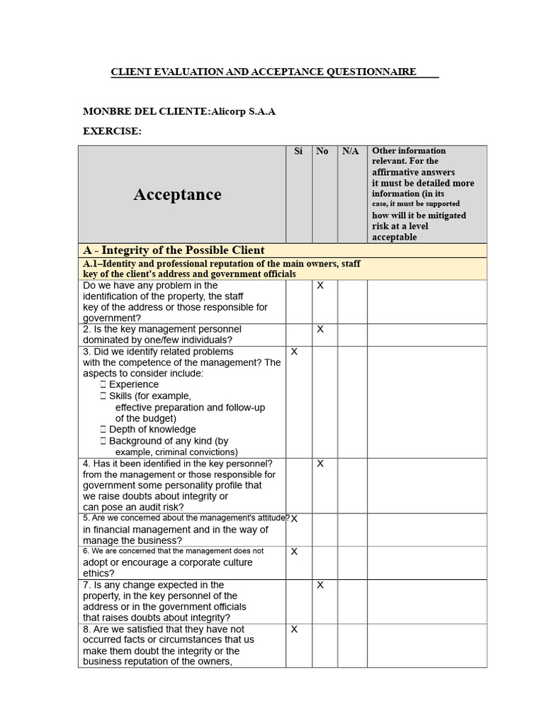 Client Evaluation Questionnaire for Auditors | PDF | Audit | Internal ...