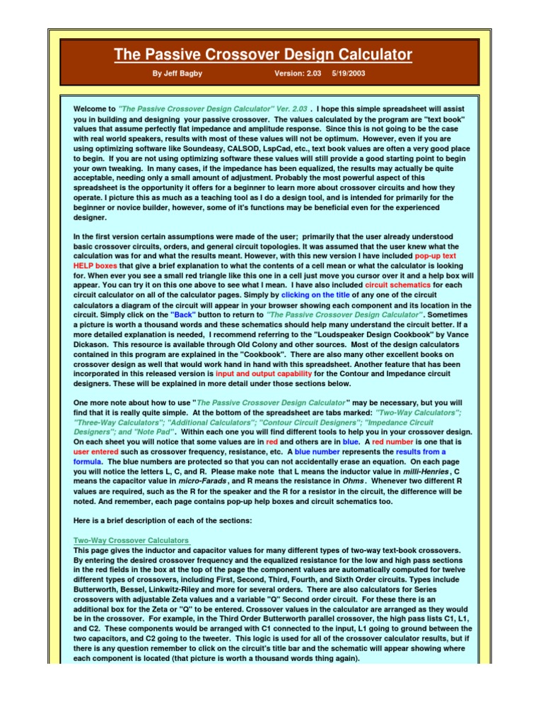 Passive Crossover Design Calculator 2.03 PDF Loudspeaker Inductor