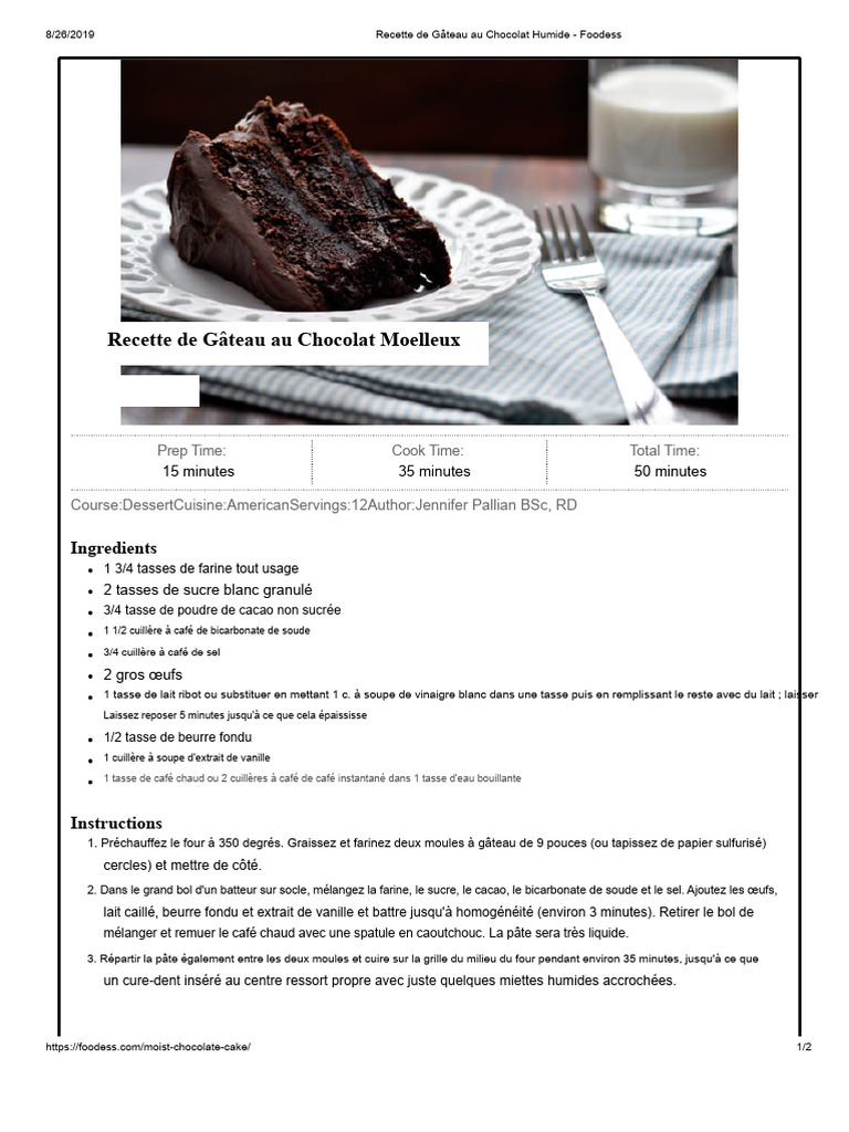 Gâteau au Chocolat Humide et Moelleux | PDF | Chocolat | Nourritures