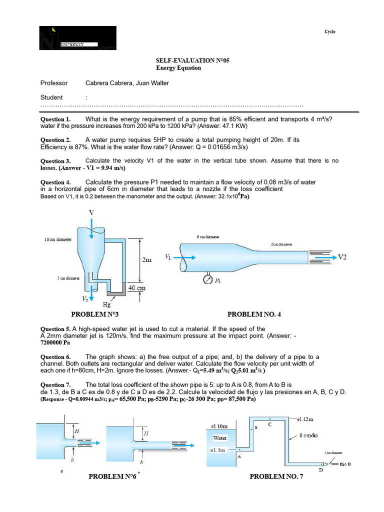 Fluid Mechanics Self-assessment n5 of Energy | PDF | Pump | Fluid Dynamics