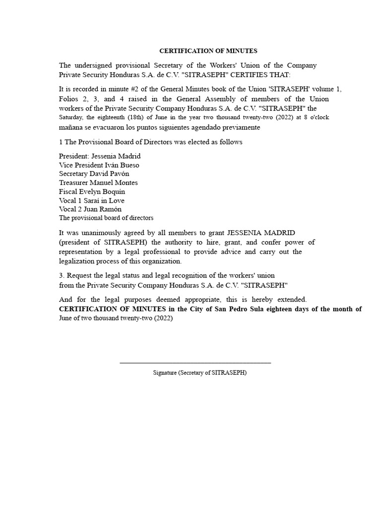 CERTIFICATION OF UNION MINUTES | PDF