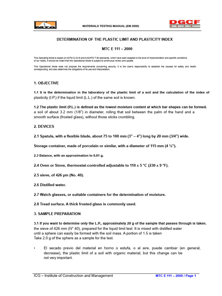 MTC E 111 – 2000 DETERMINATION OF PLASTIC LIMIT AND PLASTICITY INDEX ...