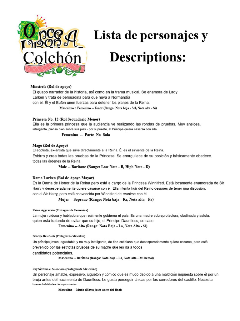 Lista de personajes y descripciones de "Érase una vez un colchón" | PDF