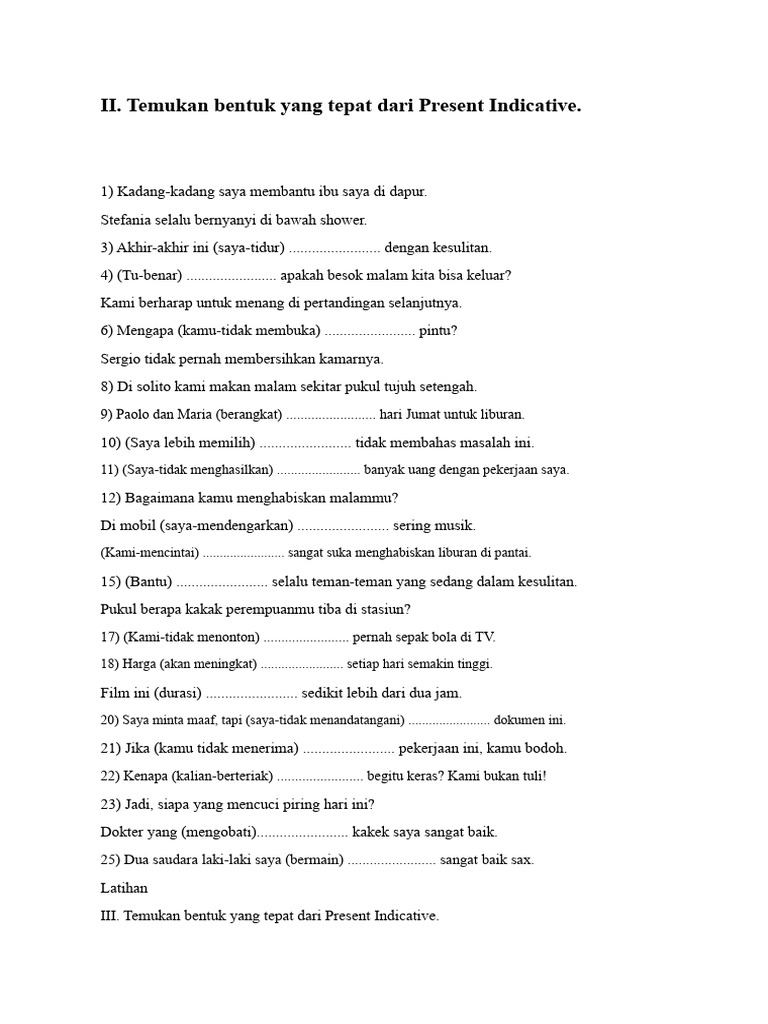 Latihan Present Indicative dalam Bahasa Italia | PDF