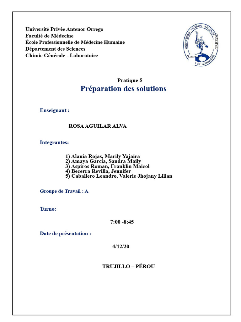 Pratique 5 : Préparation de Solutions en Chimie | PDF | Solvant | Chimie