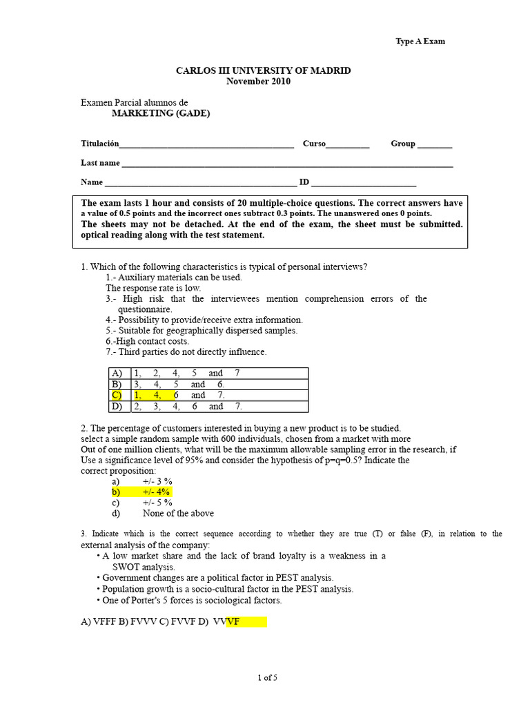 Marketing Exam Questions - Carlos III University | PDF | Sampling ...