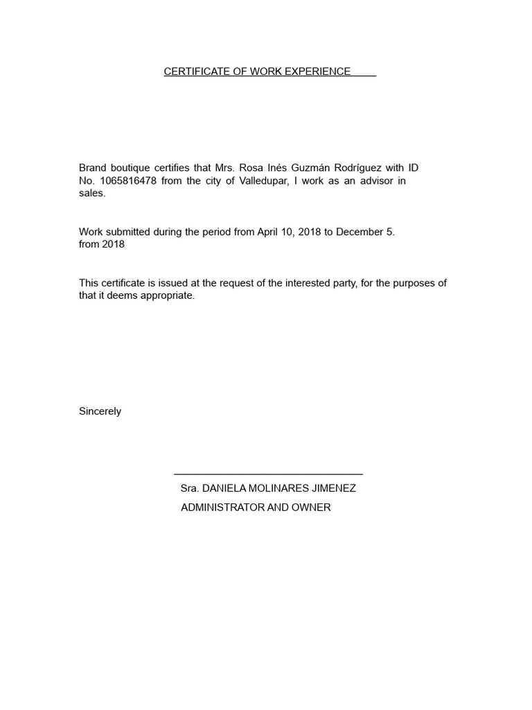 Work Experience Certificate for Rosa Guzmán | PDF