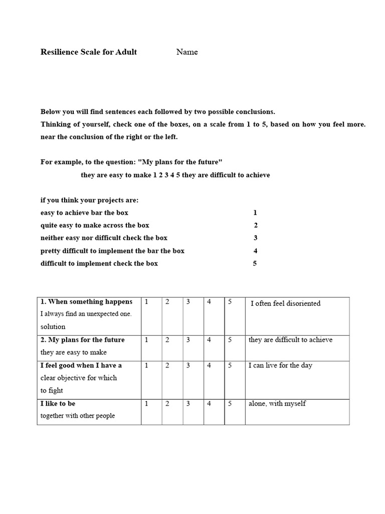 Resilience Scale Assessment for Adults | PDF | Questionnaire | Psychology