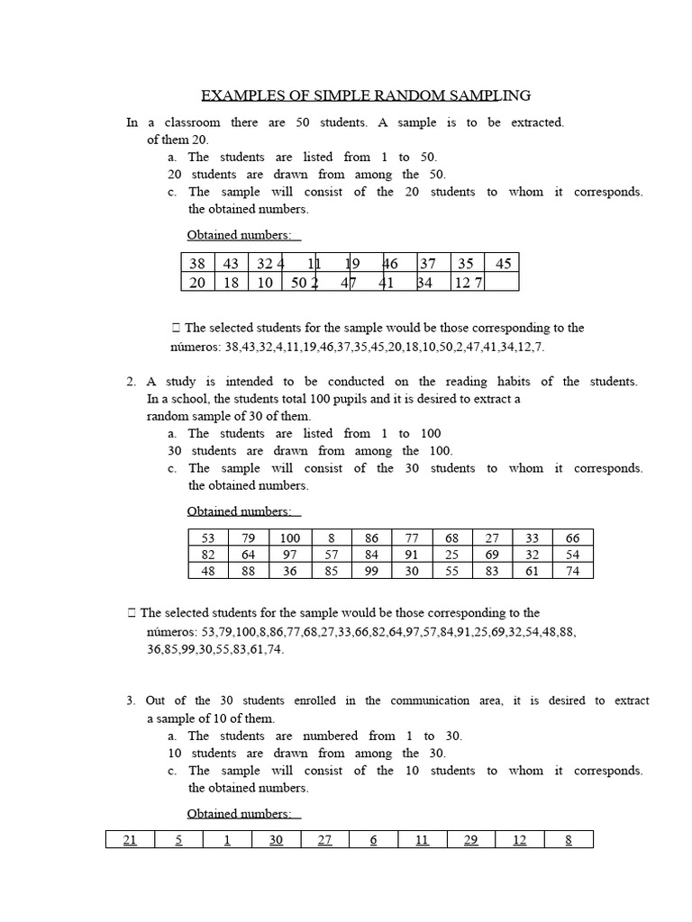 Examples of Simple Random Sampling - Marleny Gonzales Terrones | PDF ...