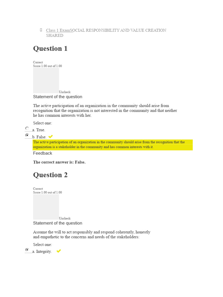 Exam Class 1 SOCIAL RESPONSIBILITY AND SHARED VALUE CREATION | PDF ...
