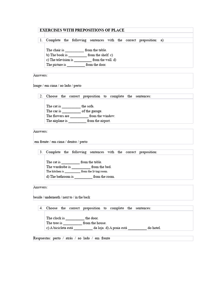 Preposition Exercises for Location | PDF