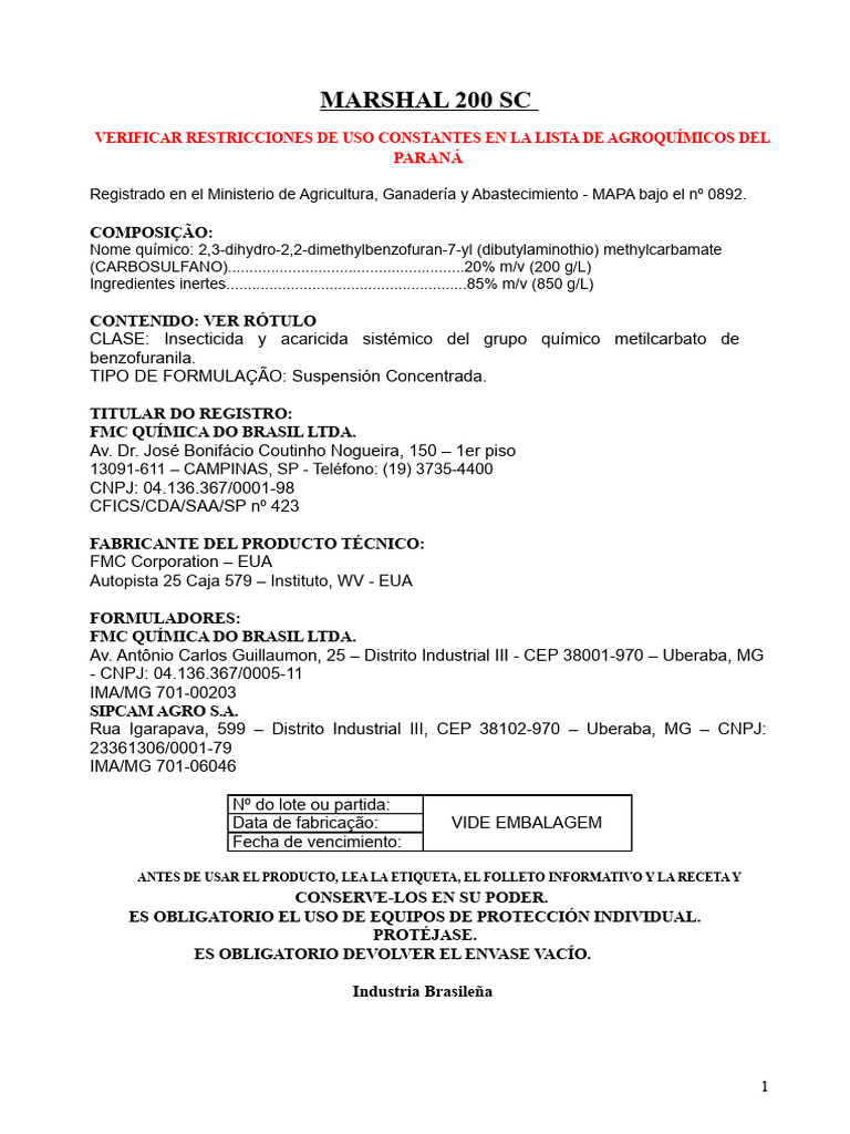 Insecticida Marshal 200 SC: Uso y Seguridad | PDF | Entorno natural | Agua