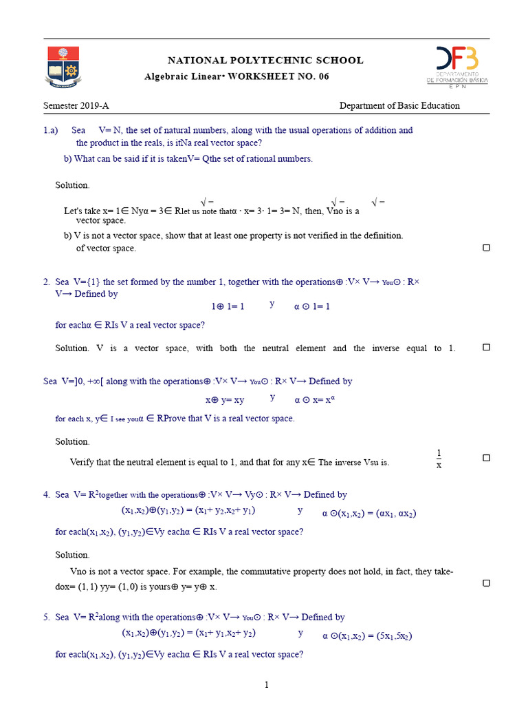 Algebra HJ06 2019A Solution | PDF | Vector Space | Empty Set