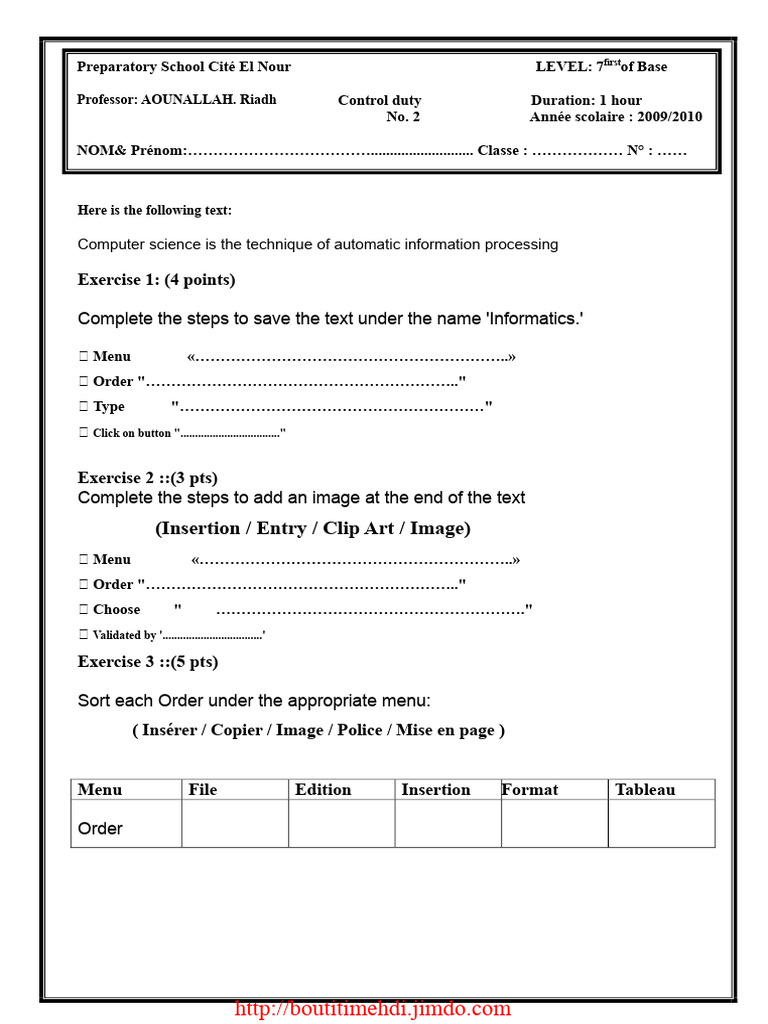 Control Assignment No. 2 - Computer Science - 7th Grade (2009-2010) Mr ...
