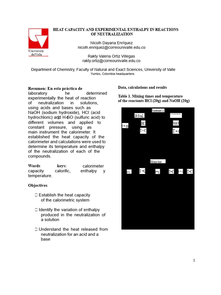 Heat Capacity and Enthalpy of Neutralization | PDF | Acid | Ph