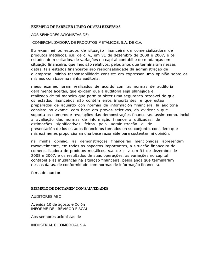 Exemplo de Parecer Limpo ou Sem Reservas | PDF | Contabilidade ...