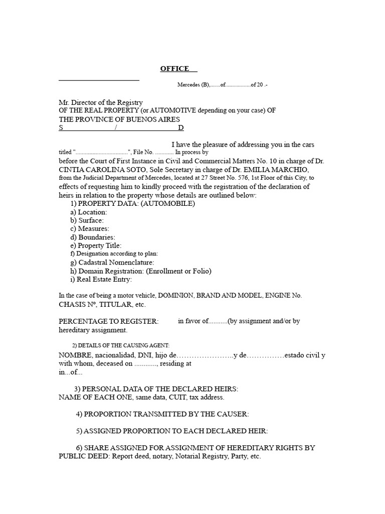Office Registration Declaration of Heirs Real Estate or Motor Vehicle ...