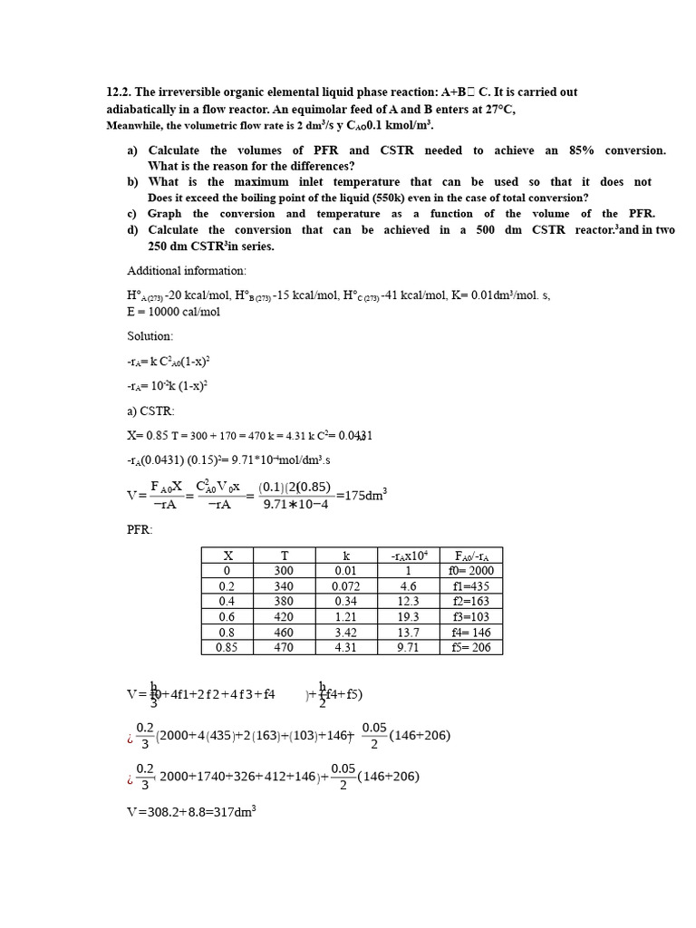 Flow Reactor Conversion Calculations | PDF | Chemical Reactor ...