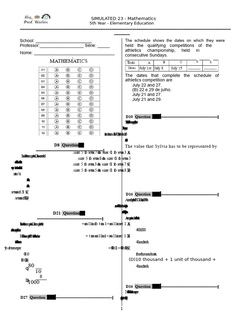 Simulated 23 (Math. 5th Grade) - Blog of Prof. Warles | PDF | Inquiry ...