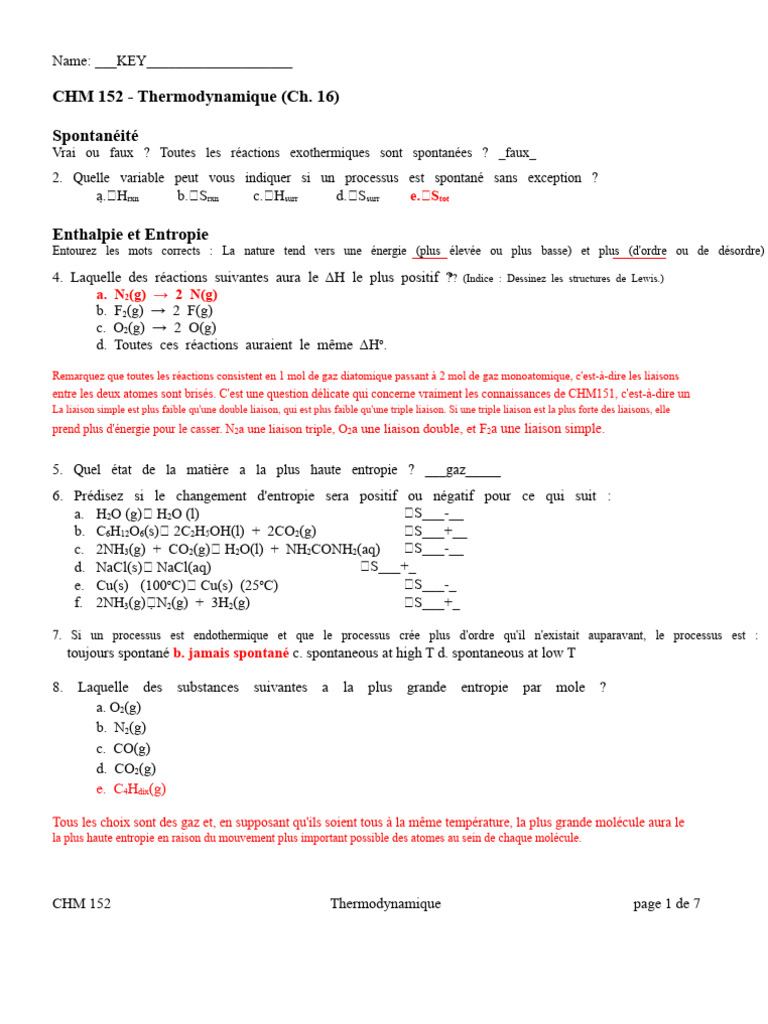 Thermodynamique : Spontanéité et Entropie | PDF | Entropie | Enthalpie ...