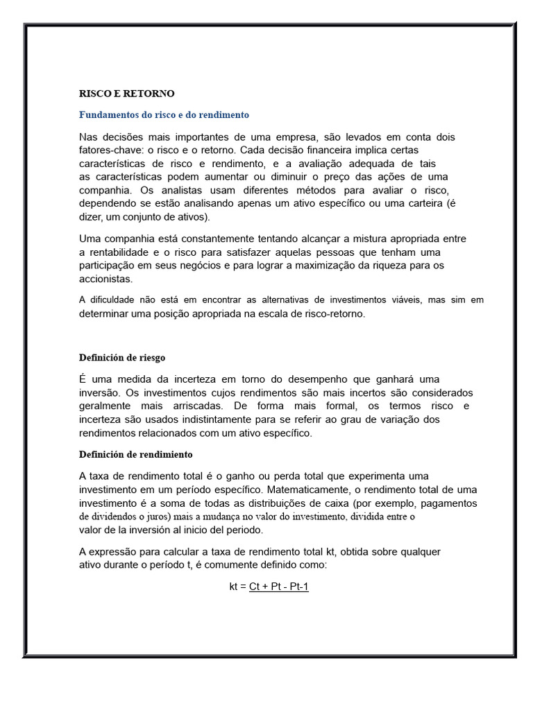 Risco e Retorno: Fundamentos Financeiros | PDF | Avaliação de risco ...