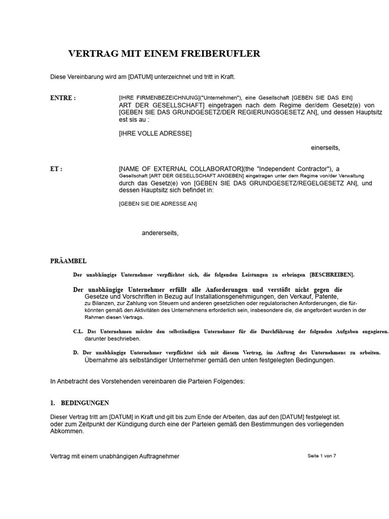 Vertrag Mit Einem Selbständigen Unternehmer | PDF