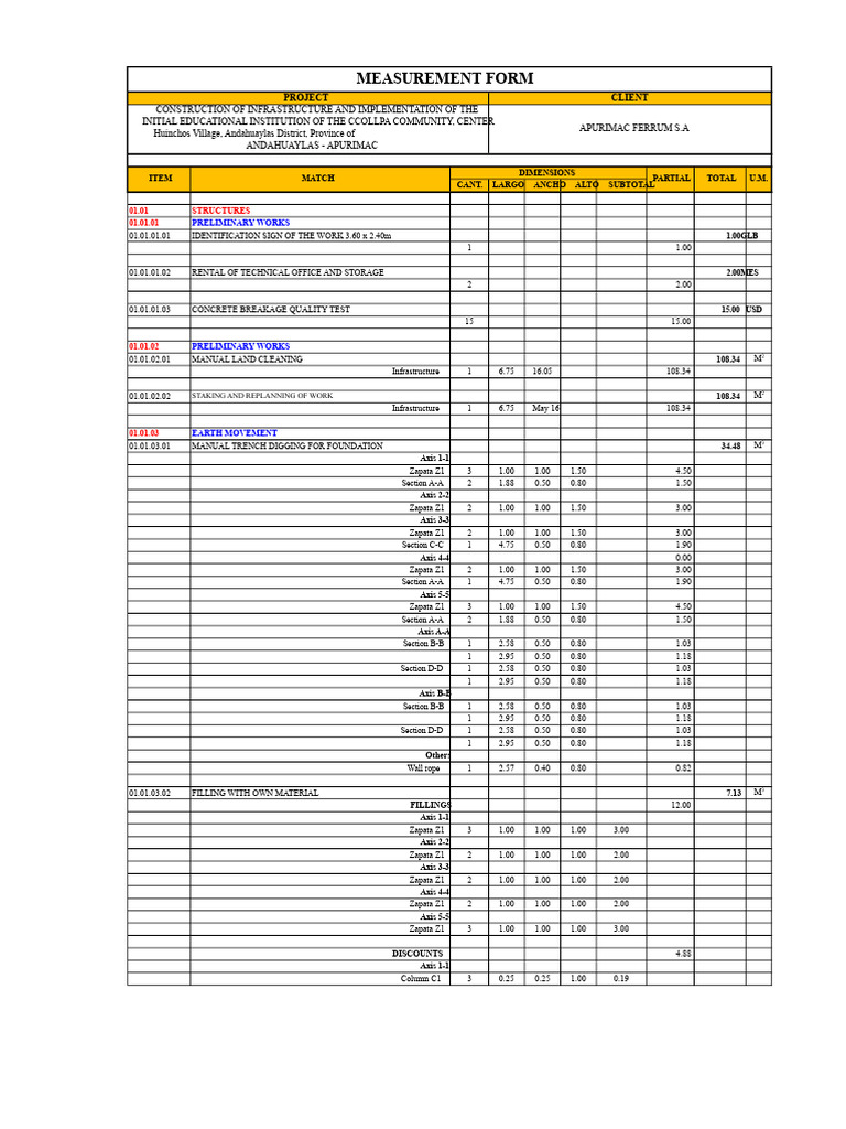 Infrastructure Project Measurement Form | PDF | Concrete | Real Estate