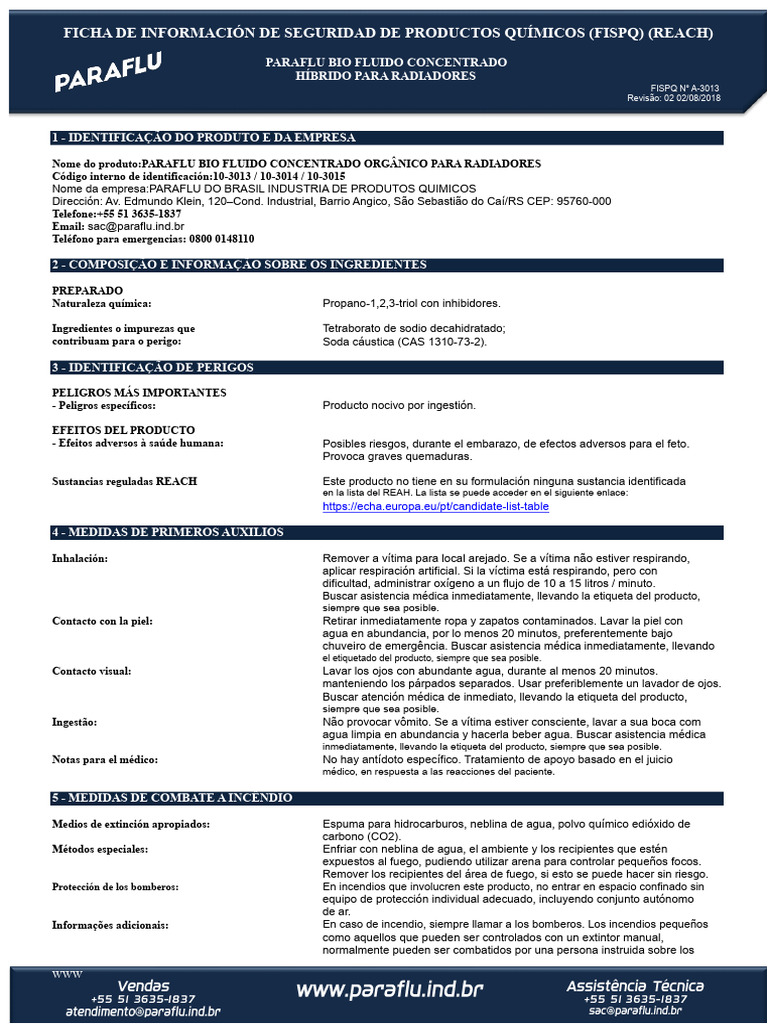 FISPQ ParaFlu Bio Fluido Radiadores | PDF | Agua | Quemar