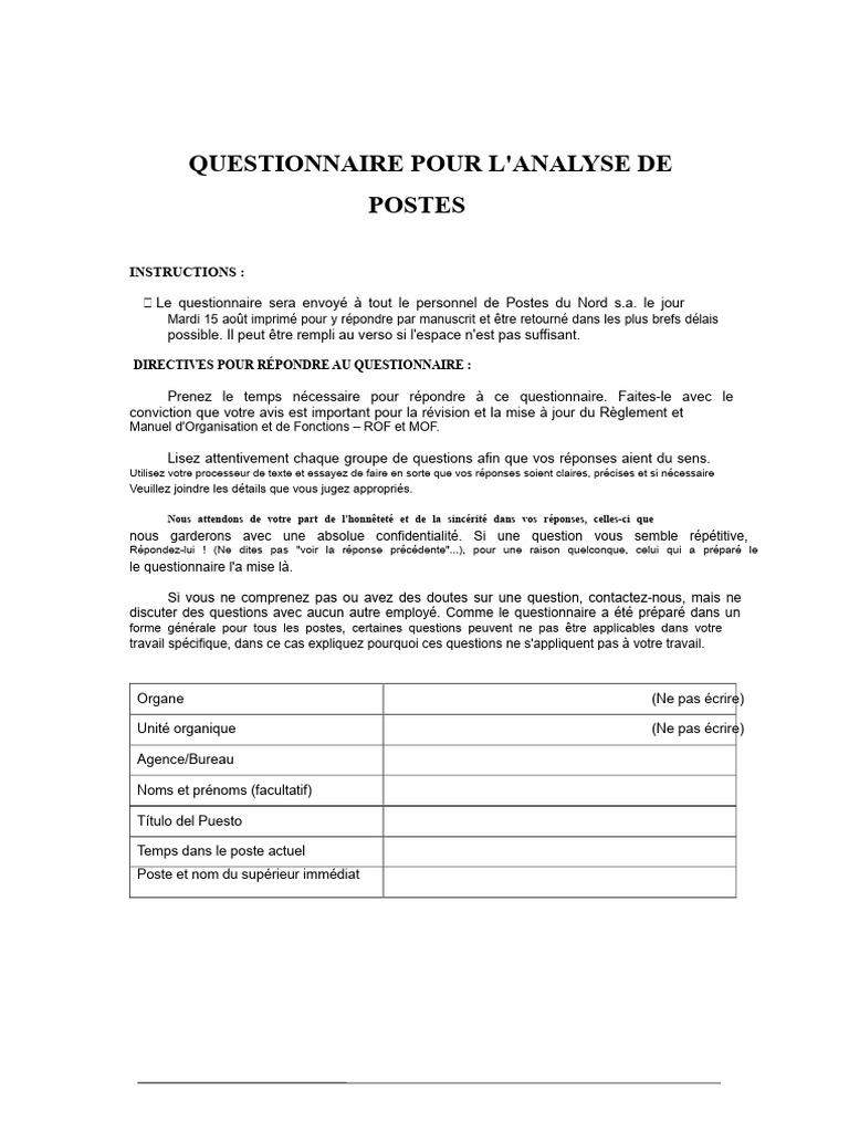 Questionnaire d'Analyse des Postes | PDF | Informatique | Expérience