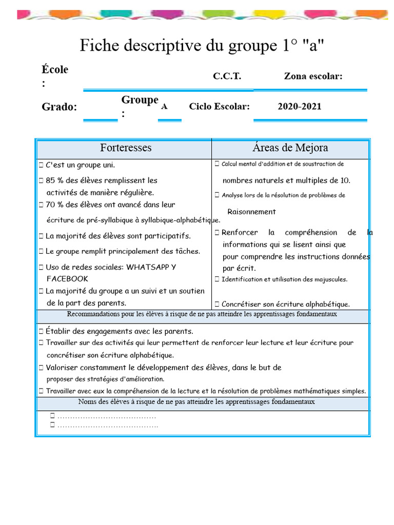 Fiche descriptive du groupe 1° 