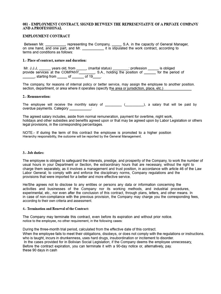 Employment Contract, Signed Between The Representative of A Private ...