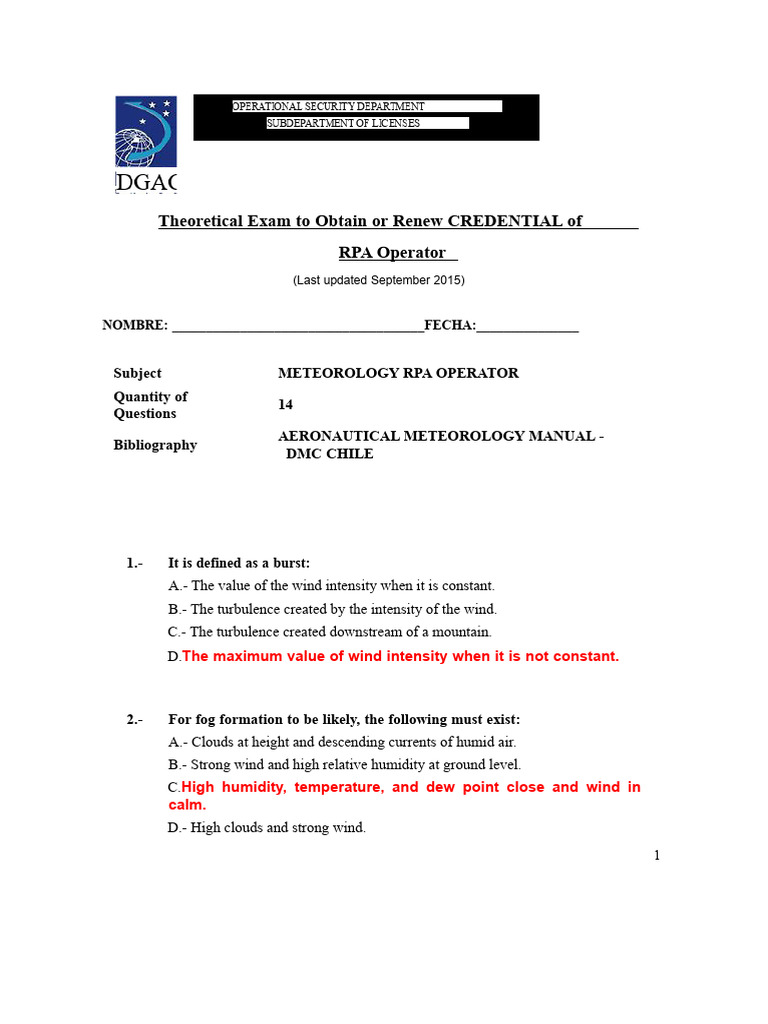Exam Subject Meteorology Operator RPA -SOLVED | PDF | Humidity | Fog