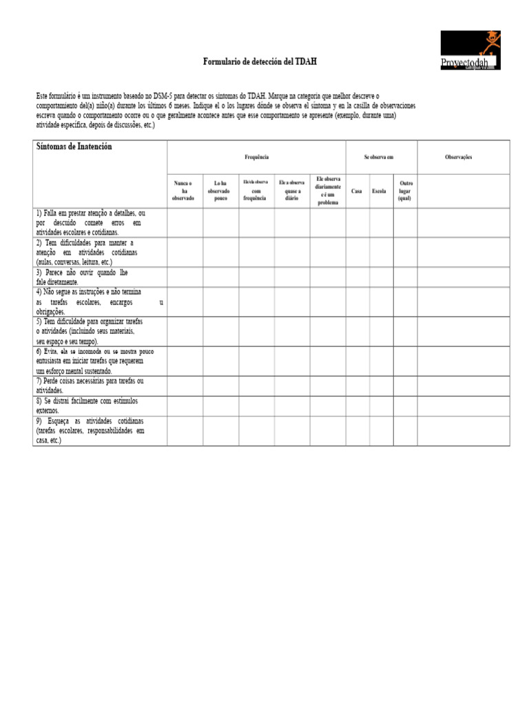 Formulário para Detecção de TDAH | PDF | Transtorno de déficit de ...