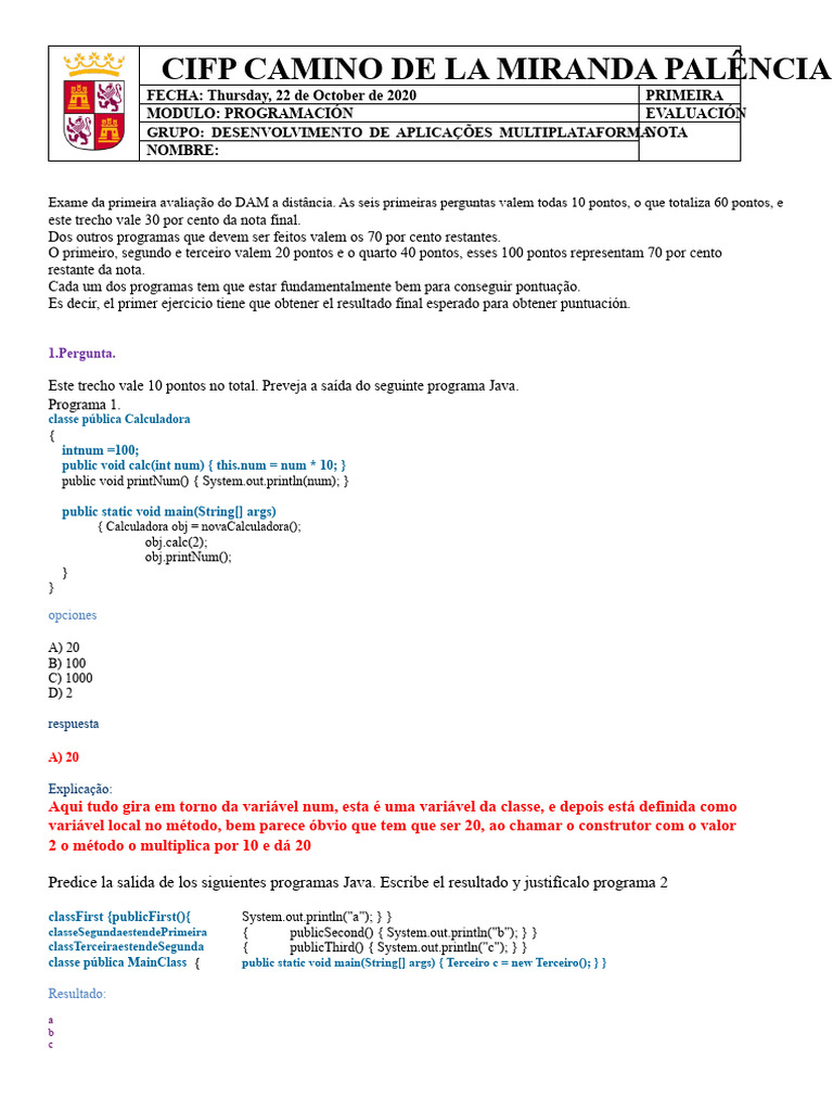 Exame de Programação em Java - CIFP DAM | PDF | Método (programação de ...