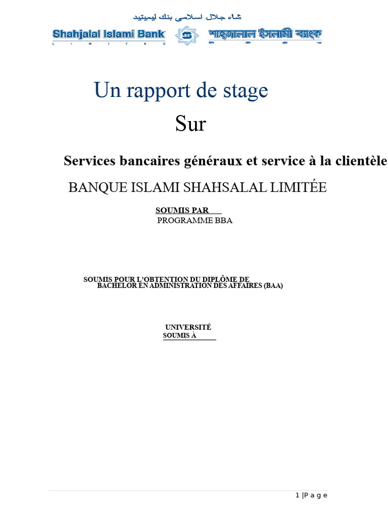 Rapport sur les services bancaires SJIBL | PDF | Banques | Banque et ...