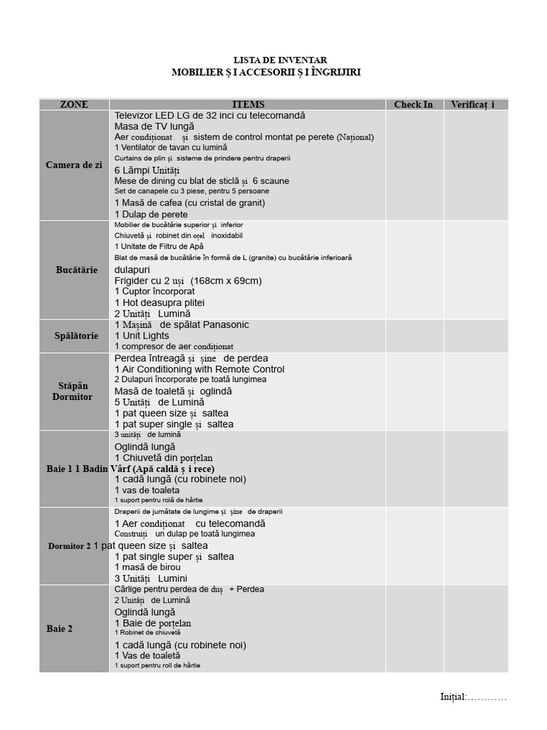 Lista de Inventar Pentru Închiriere - Exemplu | PDF